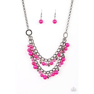 Paparazzi Watch Me Now Pink Pearl Layered Statement Charm Necklace Earrings Set